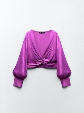 Zara Magenta Satin Twist-Front Crop Blouse